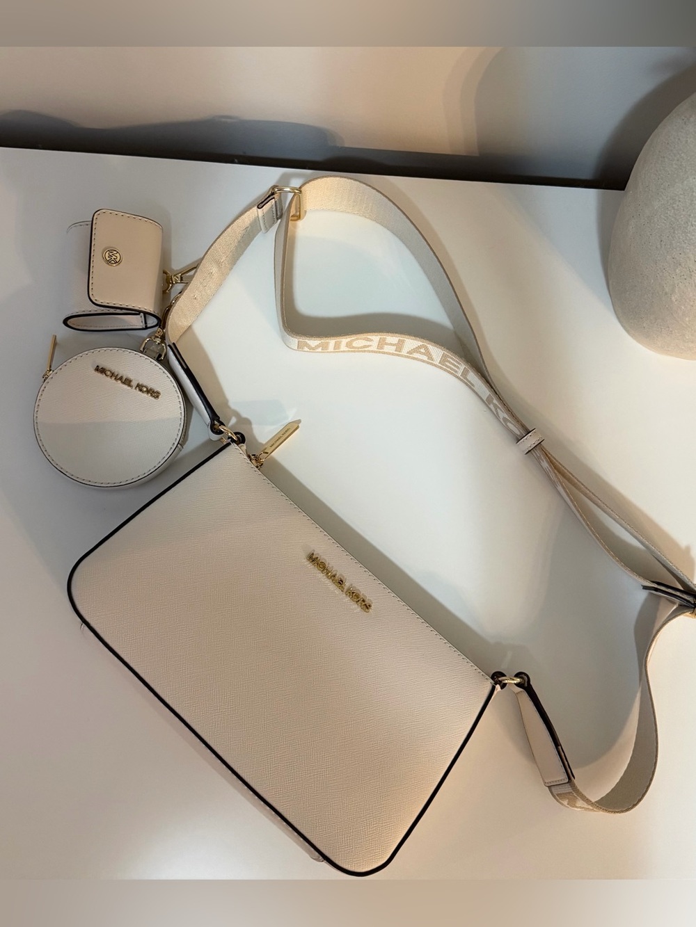 MICHAEL KORS Cream Saffiano Crossbody with Logo Strap and Pouch Set